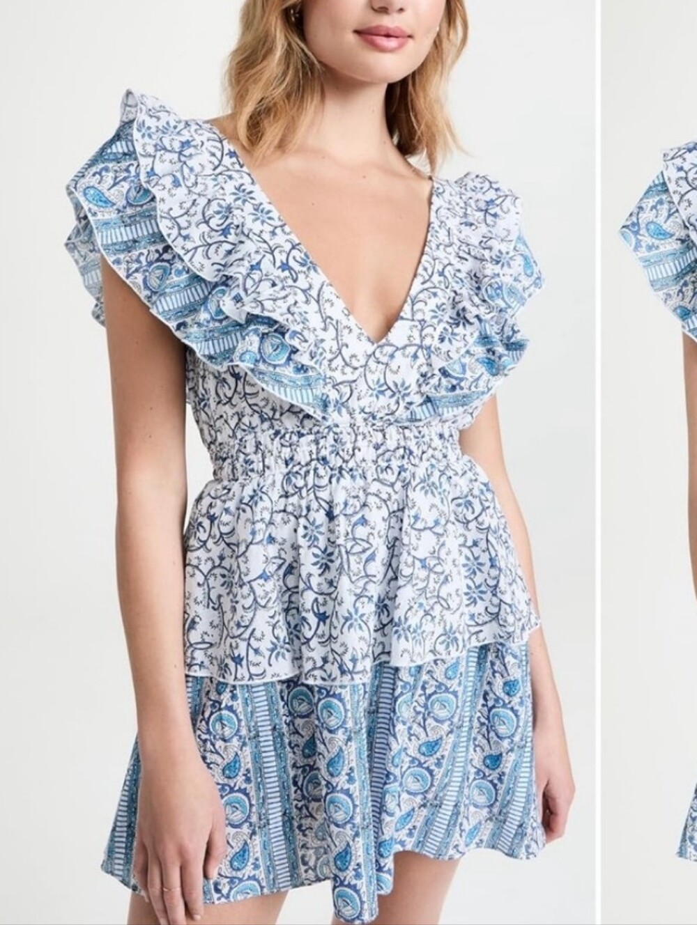 Playa Lucila Smicked Mini Blue & White Floral V-Neck Ruffle Waist Dress Medium